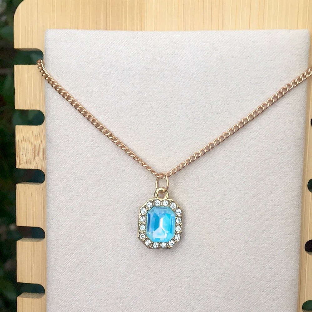 Aquamarine Aurora Borealis Opal Emerald Crystal Halo Pendant Necklace - Picture 3 of 5